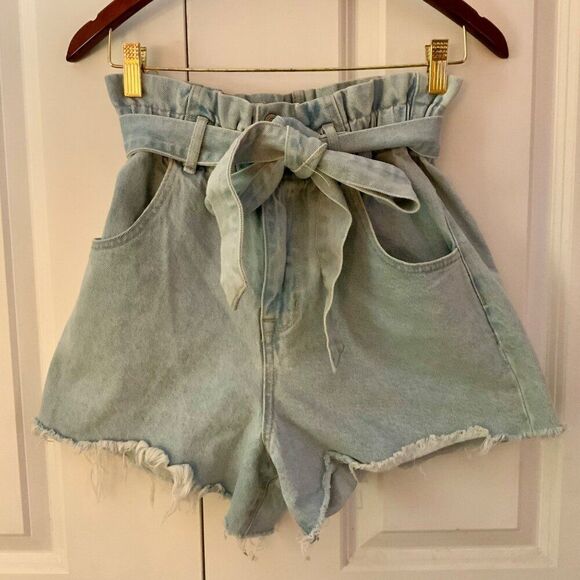 Vervet Paperbag Belted Denim Shorts Light Wash Elastic Waist Medium - Picture 3 of 12